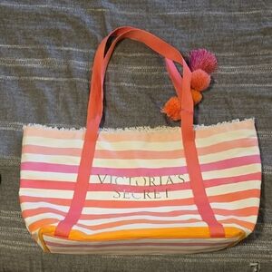 Victoria's Secret Pink & Orange Striped Canvas Tote with Tassels